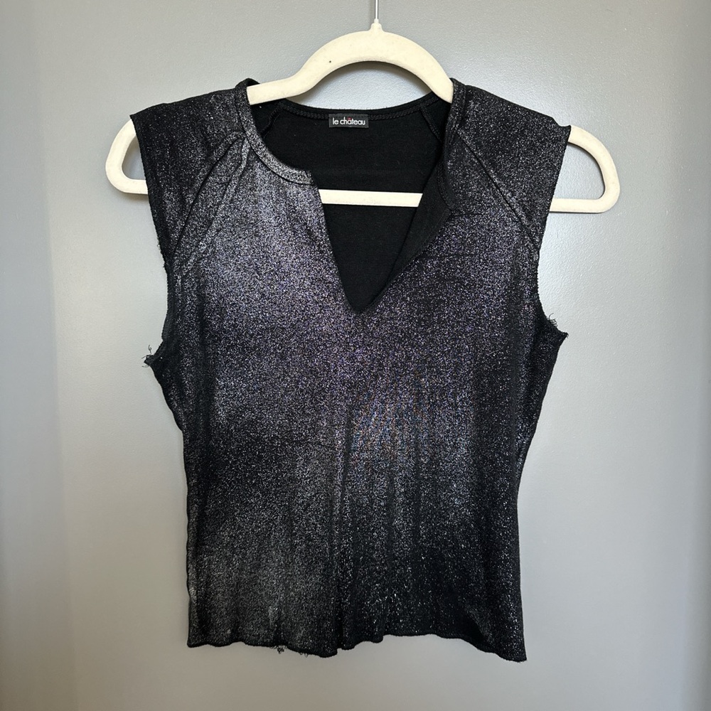 Y2K Black Glittery Women's Baby Tee V-Neck Top